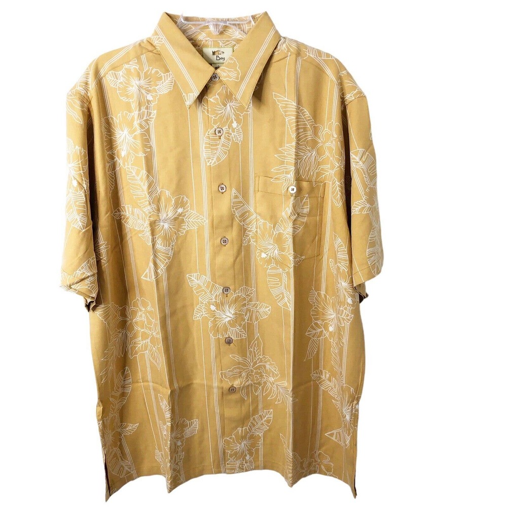 Men's Gold Short Sleeve Button Up Tropical 100% Washable Silk Shirt Size Large